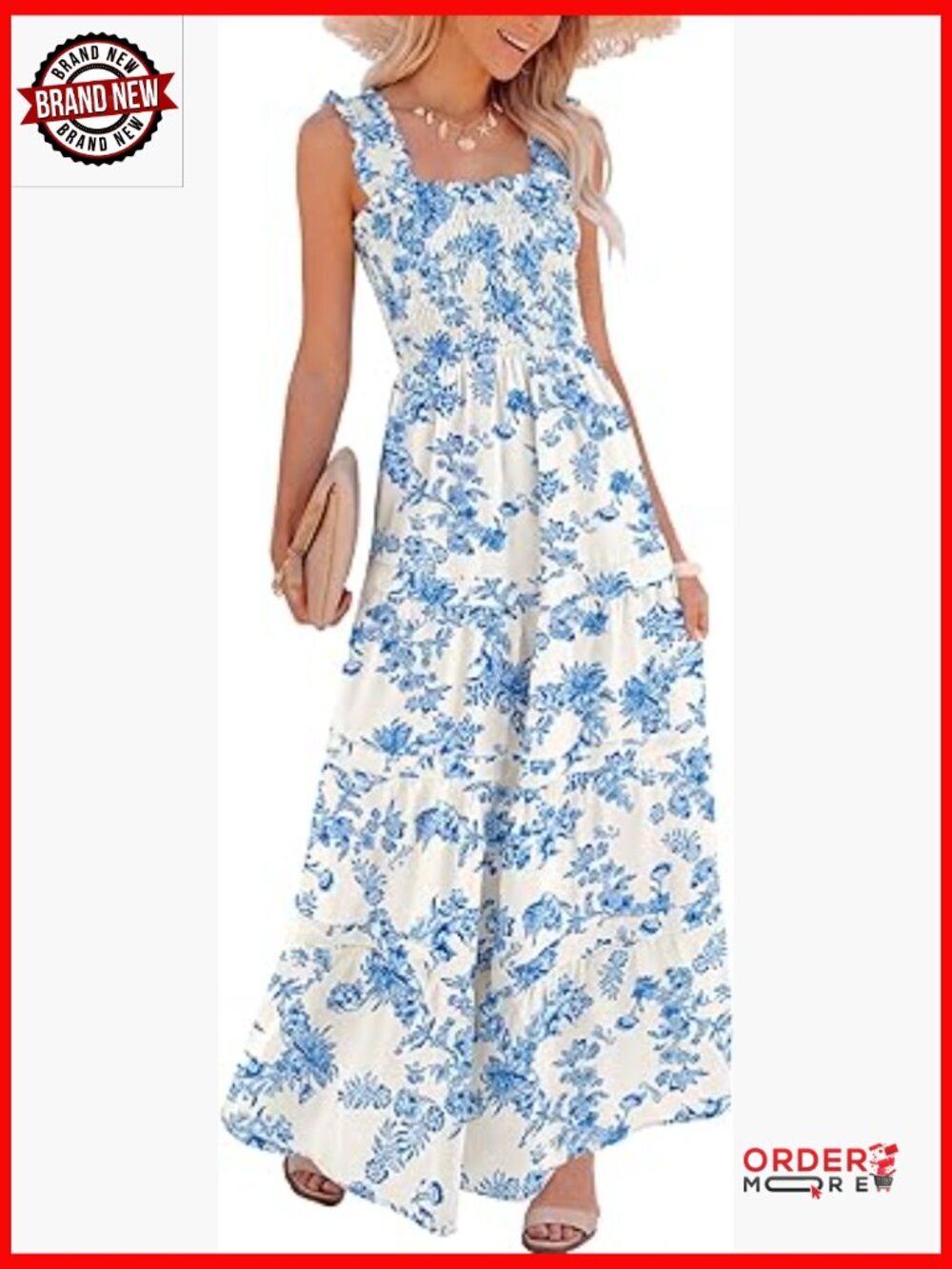 Smocked Square-Neck Maxi Dress Flowy Tiered A-Line Boho Summer Vacation